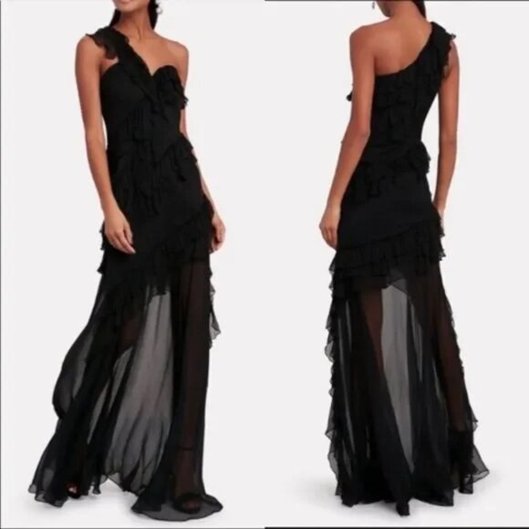 New AMUR Harlow Maxi Dress in Black Silk Sheer Formal One Shoulder Gown Size 4 - Picture 1 of 16